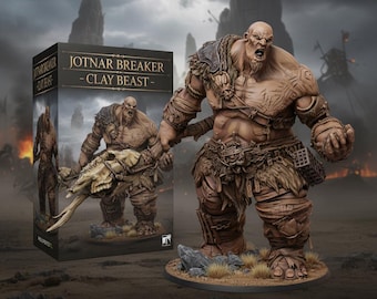May include: A detailed clay beast figurine, the Jotnar Breaker, stands prominently, holding a bone weapon. The figure is brown with intricate details, and is displayed next to its box. The box features the text "JOTNAR BREAKER - CLAY BEAST -."