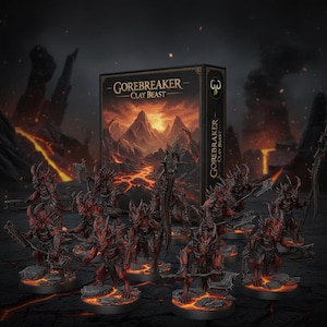 May include: A boxed set of miniature figures, titled "GOREBREAKER - CLAY BEAST", featuring several red and black demonic creatures with weapons. The box art depicts a fiery landscape. The figures are on circular bases.