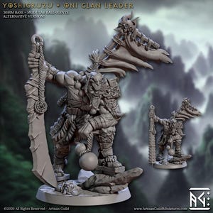 Puede incluir: Figura en miniatura gris detallada de un guerrero, sosteniendo una espada grande y un arma en forma de cuerda. La figura está sobre una base de 30 mm y tiene articulaciones esféricas modulares. El texto "YOSHIGRUZU + ONI CLAN LEADER" está arriba.