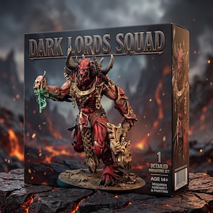 Puede incluir: Una caja de set de miniaturas detalladas Dark Lords Squad con una figura de demonio rojo con cuernos que sostiene un cráneo con líquido verde. La caja muestra el texto Dark Lords Squad, 1 Detailed Miniature Set y Age 14+ Requires Assembly & Painting.