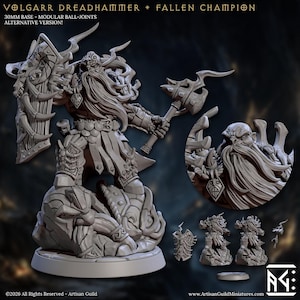 Puede incluir: Una detallada figura en miniatura gris de Volgarr Dreadhammer, un Campeón Caído, sosteniendo un martillo y un escudo. La figura está sobre una base de 30 mm con rótulas modulares. También se muestran componentes de miniatura adicionales.