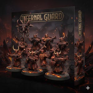 Puede incluir: Un juego de figuras en miniatura etiquetado como "Infernal Guard". Las figuras están detalladas con cuernos, armaduras y armas, y están posadas sobre bases circulares. La combinación de colores es principalmente roja y marrón, con un fondo ardiente.