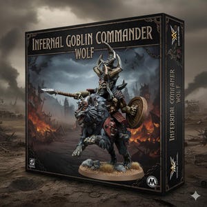 Może przedstawiać: Pudełko produktu "Infernal Goblin Commander Wolf" z ilustracją goblina na wilku. Scena przedstawia ciemne niebo i płonące budynki. Goblin jest uzbrojony w włócznię i tarczę. Widoczny jest tekst "Infernal Goblin Commander Wolf".