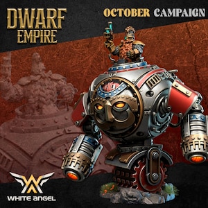 Könnte beinhalten: Detaillierte Illustration eines Dwarf Empire-Roboters mit einer Zwergenfigur obenauf. Der Roboter ist hauptsächlich silberfarben mit roten und bronzefarbenen Akzenten. Der Text "OCTOBER CAMPAIGN" steht oben, und das "Dwarf Empire"-Logo befindet sich oben links.