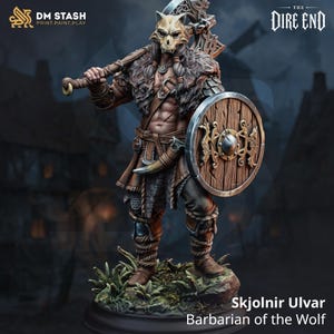 Barbarisk miniatyr - Mänsklig vikingakrigare med vargmask och sköld för DnD - Gratis bas ingår
