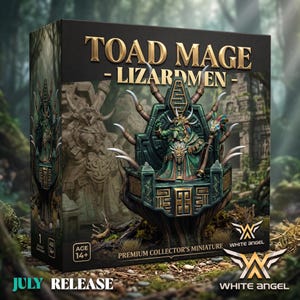 Peut inclure: Une boîte de produit noire avec le texte TOAD MAGE LIZARDMEN et WHITE ANGEL. La boîte présente une figurine peinte représentant un personnage ressemblant à un crapaud en robe verte, assis sur un trône orné avec des cornes courbées.