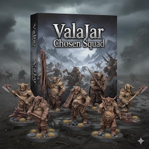 Può includere: Una scatola di prodotto con l'etichetta "Valajar Chosen Squad" è dietro sei dettagliate miniature. Le figure sono marroni e beige, con elmi cornuti e varie armi. Lo sfondo mostra una scena di battaglia con montagne e un cielo tempestoso.
