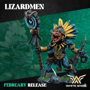 May include: A detailed image of a Lizardmen miniature figure, featuring a reptilian humanoid with blue and gold armor, holding a staff and a bow. The figure is posed on a rocky base, with the text "LIZARDMEN" and "FEBRUARY RELEASE" displayed.