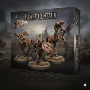 Peut inclure: Un coffret de figurines Beast Centaur. Les figurines sont marron avec des armures et des armes détaillées, notamment des boucliers, des haches et une bannière. La boîte présente le texte "Beast Centaur" et "Bentaur". L'arrière-plan représente une scène de bataille.
