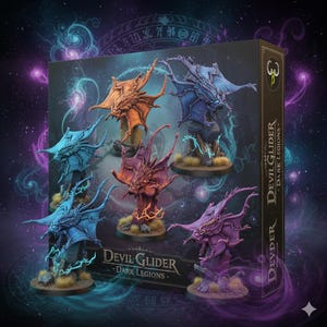 Op de afbeelding: Een doos met fantasie miniaturen met het label "Devil Glider - Dark Legions". De set bevat zes gedetailleerde, kleurrijke draakachtige wezens in tinten blauw, oranje, paars en rood. Elke miniatuur is gemonteerd op een kleine, ronde basis.