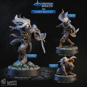 Puede incluir: Tres figuras en miniatura de pícaros con capa. Uno salta para atacar, otro es un duelista de espada y el tercero está en una postura de poder. Las figuras están sobre bases de 2,5 cm de diámetro. La figura más alta mide 4 cm de alto y la más baja 2,1 cm. El texto "NIGHTDAGGER ROGUES" y "CAPED ROGUES" es visible.