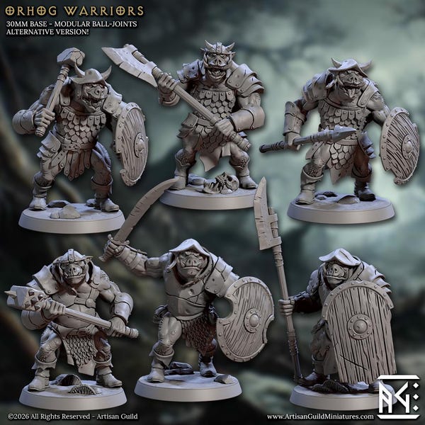 Wereboar Army Miniatures - Orhog Warriors Squad - Artisan Guild - Pig Orc Warband - Free Base Included - Premium ABS Resin 28mm-32mm