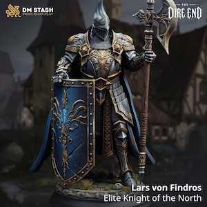May include: A miniature figurine of a knight in dark metallic armor with gold filigree, holding a large blue shield with gold trim and a tall poleaxe. The base features text reading Lars von Findros Elite Knight of the North.
