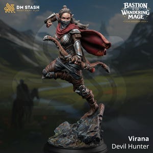 Puede incluir: Figura detallada de Virana, la Cazadora de Demonios, en una pose dinámica. Lleva armadura, una capa roja y una máscara, sosteniendo un arco. La figura está sobre una base rocosa, con el logo "Bastion of the Wandering Mage".