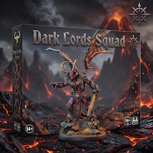 Könnte beinhalten: Eine Dark Lords Squad Brettspielschachtel mit einer Miniatur eines geflügelten, gehörnten Dämons mit violetter Haut und verzierter Rüstung. Die Schachtel zeigt den Titel in metallischer Schrift, eine Altersfreigabe ab 14 Jahren und ein Spielersymbol.