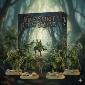 May include: A box set of miniature figures labeled "Vine Spirit Claw Squad." The figures are green, plant-like creatures with clawed hands and feet, standing on small, tan bases. The background shows a forest scene.