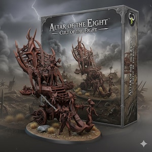 May include: A detailed, reddish-brown miniature model of a fantasy chariot with figures, set against a stormy backdrop. The box art for "Altar of the Eight: Cult of the Eight" is visible in the background. The model is on a circular base.