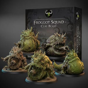 May include: A collection of five green and brown Clay Beast figurines from the "Froggot Squad" series. Each figurine has a detailed, textured design with open mouths and spiky features. The product box is visible in the background.