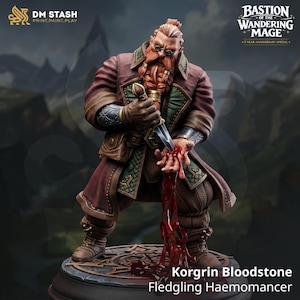 Puede incluir: Figura en miniatura detallada de Korgin Bloodstone, un joven Haemomancer, sosteniendo una daga y con sangre goteando de su mano. La figura está vestida con un abrigo rojo con detalles verdes y marrones. La base tiene un diseño circular. El texto en la imagen dice "DM STASH" y "Bastion of the Wandering Mage."
