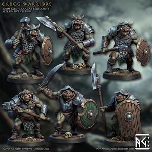 Può includere: Una collezione di sei miniature di Orc, ognuna in posa con armi e scudi. Gli Orc indossano armature ed elmi e sono posti su basi circolari. L'immagine include il testo "ORHOG WARRIORS" e "30MM BASE - MODULAR BALL-JOINTS ALTERNATIVE VERSION!"
