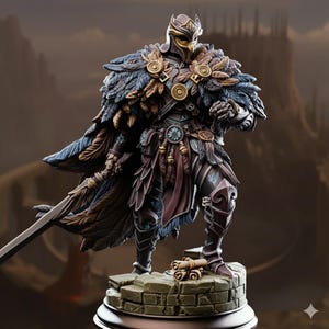 May include: A detailed figurine of a warrior in ornate armour, featuring a feathered cape and helmet. The figure holds a sword and stands on a stone base. The armour is a mix of brown, gold, and blue, with intricate detailing. The background shows a blurred landscape.