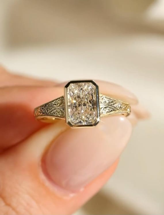 1-2-3-4 ct Radiant Cut Moissanite or LabGrown Diamond Ring,Bezel Set Engagement Ring,Vintage Engagement Ring,IGI Certified Lab Grown Diamond
