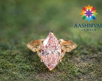 Delicato anello di diamanti da laboratorio rosa marquise per anello di fidanzamento, anello di anniversario, anello di nozze, anello di promessa per donna, anello di diamanti vintage in oro 14 carati