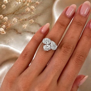 Multi-Shape Diamond Cluster Ring, Pear Oval and Cushion Cut Engagement Ring, Toi Et Moi Style 14K Gold Band, Unique Anniversary Gift for Her