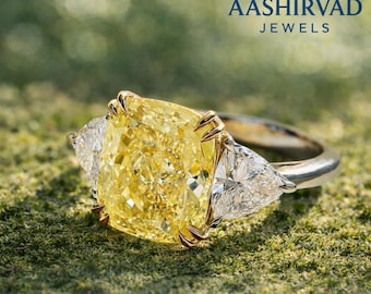 Anello di fidanzamento con diamante sintetico taglio cuscino giallo brillante - Certificato IGI - Anello in oro 10 carati con diamante - Anello di promessa - Anello per anniversario con tre pietre