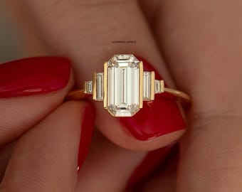 Anello di fidanzamento con moissanite taglio smeraldo, anello di nozze in oro 14 carati con smeraldo geometrico, anello di promessa vintage, anello personalizzato regalo per lei.