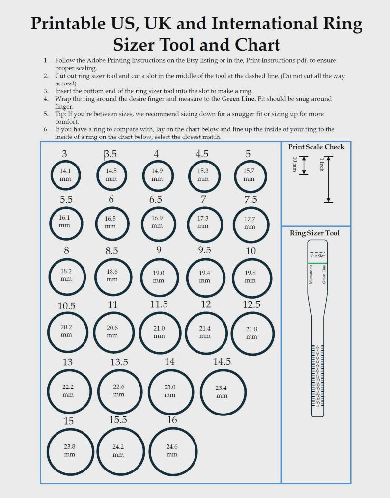 Ring Size Chart: Accurate Printable Guide for Home Use - Etsy Ireland