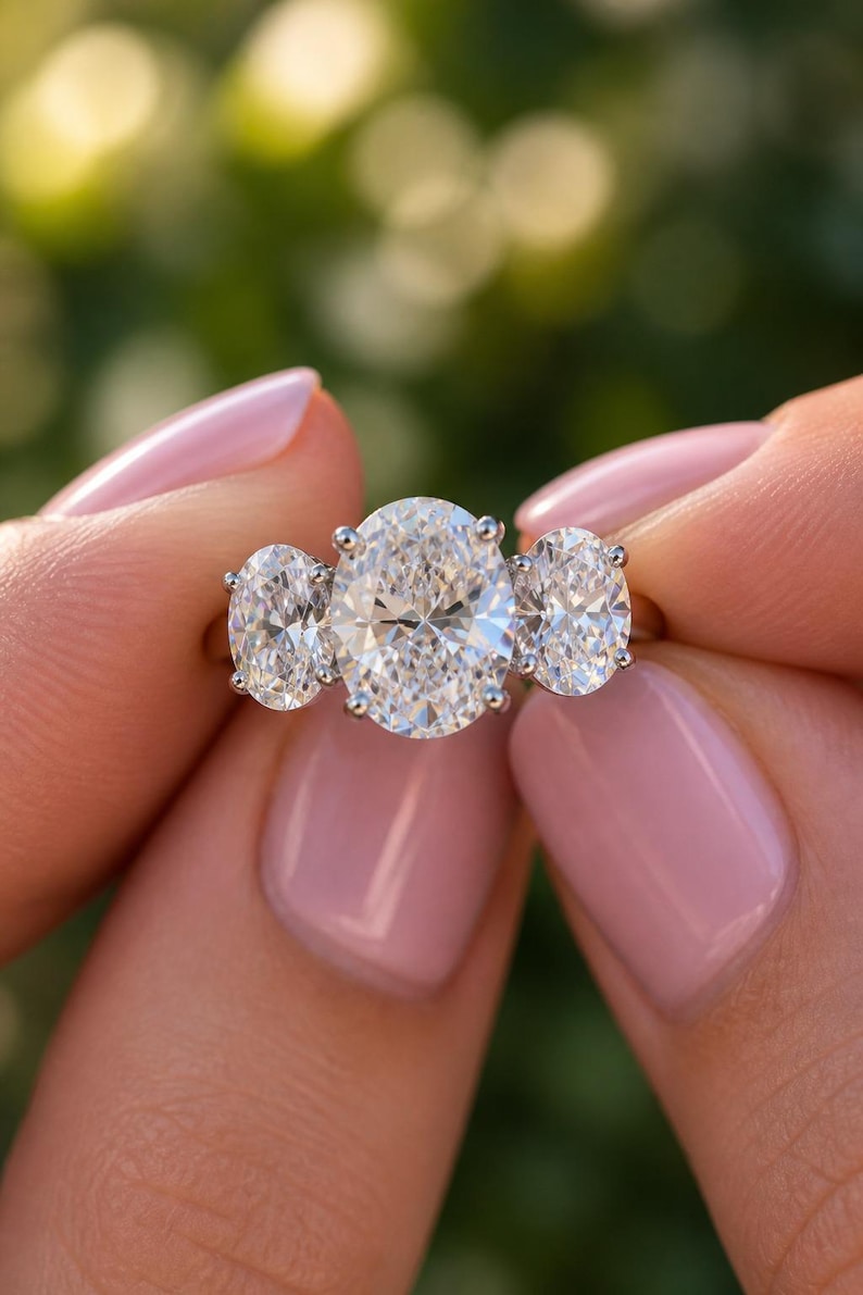 Pu&ograve; includere: Anello di fidanzamento in oro con tre diamanti taglio ovale. Il diamante centrale &egrave; pi&ugrave; grande delle due pietre laterali. L'anello &egrave; tenuto su uno sfondo verde sfocato, evidenziando la brillantezza dei diamanti.