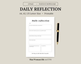 Daily Review Worksheet | Reflection Questions Writing Prompts | Reflective Journal Page | Gratitude, Mood Tracker
