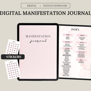 May include: Digital manifestation journal with a pink cover and the title "Manifestation Journal" in elegant script. The journal is open to reveal an index page. Includes sticker sheets with pink dot stickers. The words "Digital" and "Instant Download" are at the top.