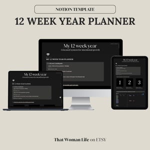 May include: A digital Notion template for a 12-week year planner, displayed on a laptop, desktop monitor, and tablet. The screens show a dark theme with the text "My 12 week year" and numbered sections. The text "NOTION TEMPLATE" is at the top.