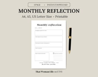 Monthly Reflection Worksheet | Monthly Check-In and Month in Review | Monthly Journal and Diary | Monthly Goals Planner