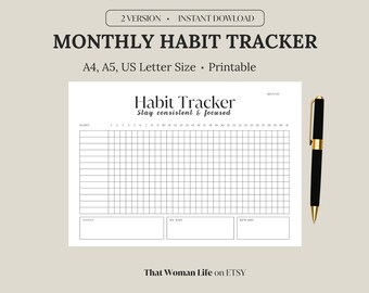 Monthly Habit Tracker Printable Landscape | 30 Day Habit Challenge | Monthly Goal Tracker PDF