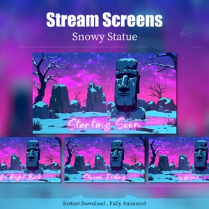May include: Digital stream screens with a snowy statue theme. The main screen features a large stone statue in a snowy landscape with the text "Starting Soon". Additional screens include "Be Right Back", "Stream Ending", and "Offline".