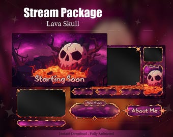 May include: A digital stream package with a lava skull theme. The design features a skull over lava, with a purple and pink background. Includes overlays for "Starting Soon", "LiveChat", "New Cheer", and "About Me".