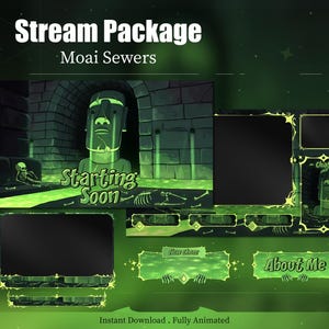 May include: A digital stream package with a green and black color scheme. The design features a Moai statue in a sewer setting, with the text "Starting Soon." Additional elements include chat boxes and animated overlays. The package is fully animated.
