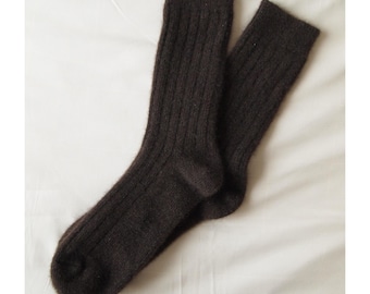 Yak Down Wool Socks Iconic Rib Knit Crew Made in Mongolia Soft Cozy Winter Warmth 100 Percent Pure Yak Down Exclusive of Elastic Dark Brown