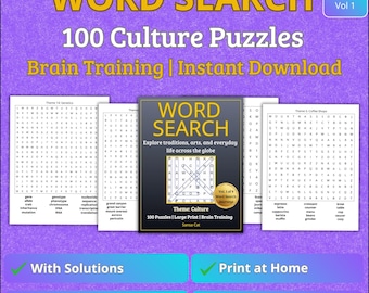 Culture Word Search Puzzle Book – 100 Large Print Puzzles – Brain Training – Instant PDF Download