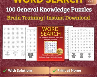 General Knowledge Word Search Puzzle Book – 100 Large Print Puzzles – Brain Training – Instant PDF Download
