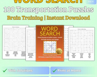 Transportation Word Search Puzzle Book – 100 Large Print Puzzles – Brain Training – Instant PDF Download