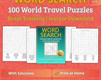 World Travel Word Search Puzzle Book – 100 Large Print Puzzles – Brain Training – Instant PDF Download