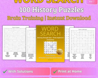 Livro de quebra-cabeças de caça-palavras de história – 100 quebra-cabeças com letras grandes – Treinamento cerebral – Download instantâneo de PDF
