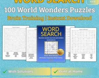 World Wonders Word Search Puzzle Book – 100 Large Print Puzzles – Brain Training – Instant PDF Download