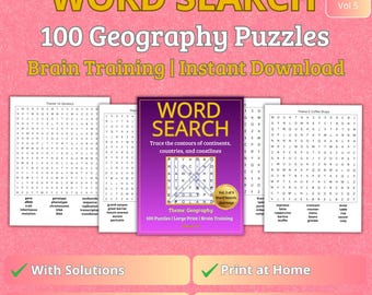 Geography Word Search Puzzle Book – 100 Large Print Puzzles – Brain Training – Instant PDF Download