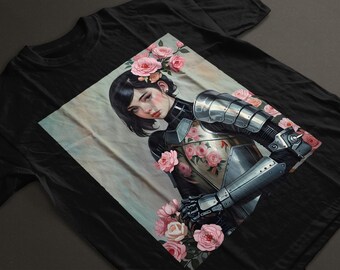 Petals & Steel Rosebound Knight Shirt | Dark Academia Female Knight Tee, Gothic Romantic Armor Roses