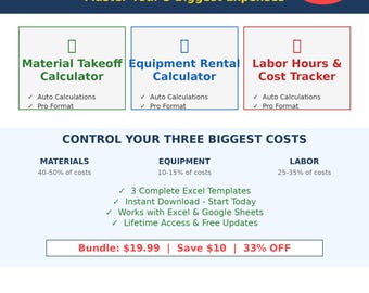 Puede incluir: Gráfico que promociona un paquete de control de costos. Presenta tres calculadoras: Desglose de materiales, Alquiler de equipos y Control de horas de trabajo. La imagen destaca cálculos automáticos y formato profesional.